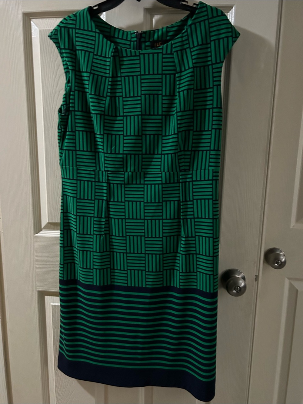 Sleeveless Green Geometric & Navy Stripe Shift Dress